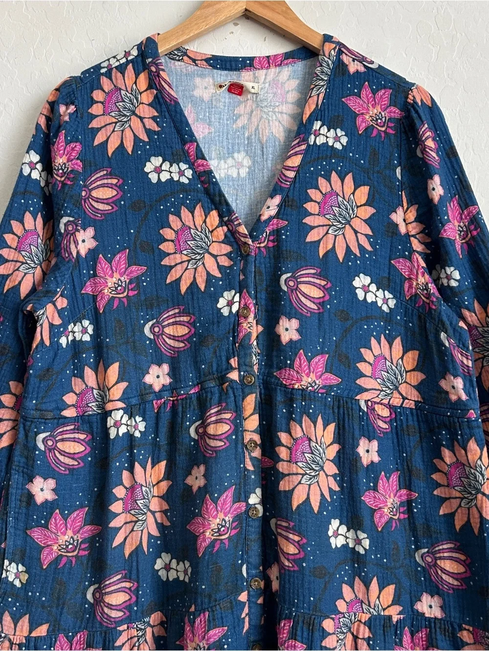 Marine Layer Midi Dress XL Gauzy Pockets Long Sleeve Batik Floral Blue *READ* - Picture 3 of 15